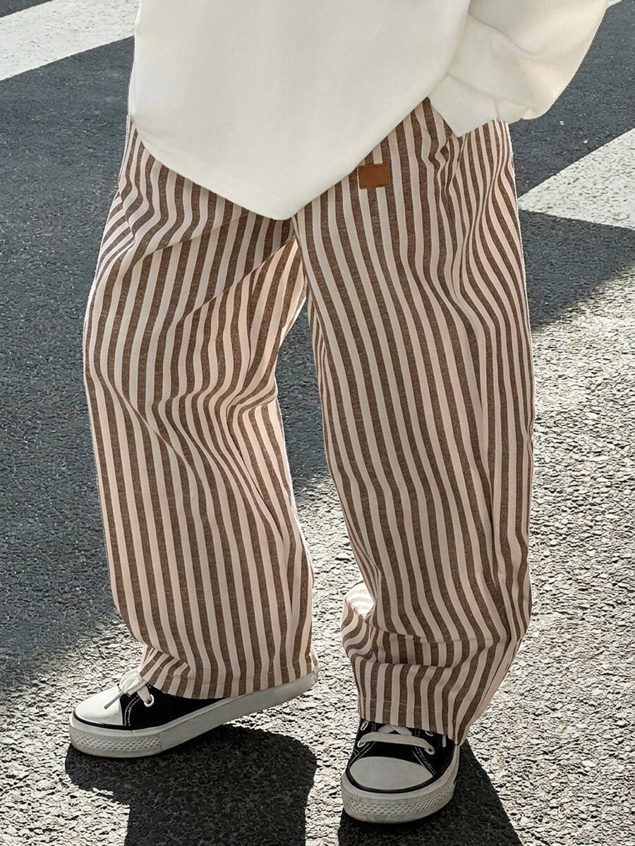 小男孩休閒街頭條紋梭織直筒長褲,附口袋,輕盈舒適百搭,適合外出、度假、拍照、上學、運動、聚會,適用春夏季 - 卡其色 - 查看 1