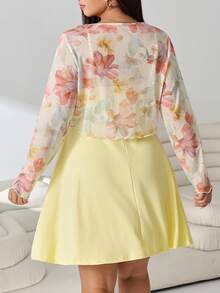 Solflare Conjunto de 2 piezas para mujer talla grande, vestido camisola de color liso y cárdigan con estampado floral, estilo casual, elegante, lindo y de hada, para uso diario y vacaciones, blanco y amarillo mantequilla, otoño - Multicolor - Ver 2