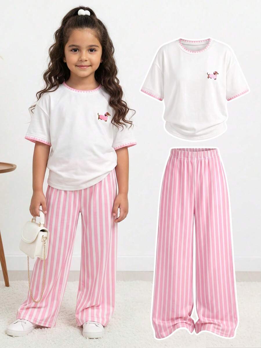 SHEIN Young Girl Dachshund Print T-Shirt And Striped Long Pants Set - Multicolor - View 1