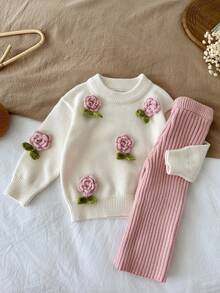 SHEIN LMoss Kids 女嬰針織圓領3D花朵休閒毛衣與長褲兩件套 - 彩色 - 查看 6