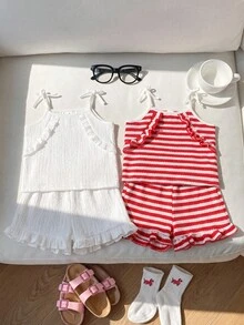 Elladie kids 少女 4件組/套可愛風格少女背心套裝，春/夏，白色 & 粉色，細肩帶上衣領口與肩部飾有荷葉邊設計增添甜美感，搭配彈性腰圍荷葉邊下襬短褲，協調設計，舒適面料適合日常出遊、休閒與度假 - 紅白色 - 查看 3