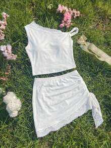 SHEIN MOD 女款蕾絲針織不對稱單肩裙與無袖打結上衣 T-shirt 兩件套 - 白色 - 查看 2
