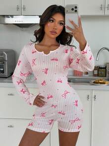ZzzCrew Bow Print Long Sleeve Fitted Pajama Jumpsuit - Pink - View 1