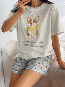 Livesso Happy Puppy Pattern Lace Patchwork Short Sleeve T-Shirt & Puppy All-Over Print Short Pajama Pants 2pcs Set, Summer Wear Women's Pajama Set - Grey - View 4
