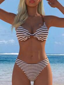 Swim Lushoire Summer New Women's Swimwear Underwire Push-Up Gathered Double Shoulder Straps Spaghetti Strap Adjustable Back Triangle Bikini 2pcs Set - Multicolor - View 4