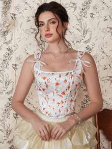 Myrelith 1pc Romantic Floral Print Fishbone Sculpting Corset - Multicolor - View 4