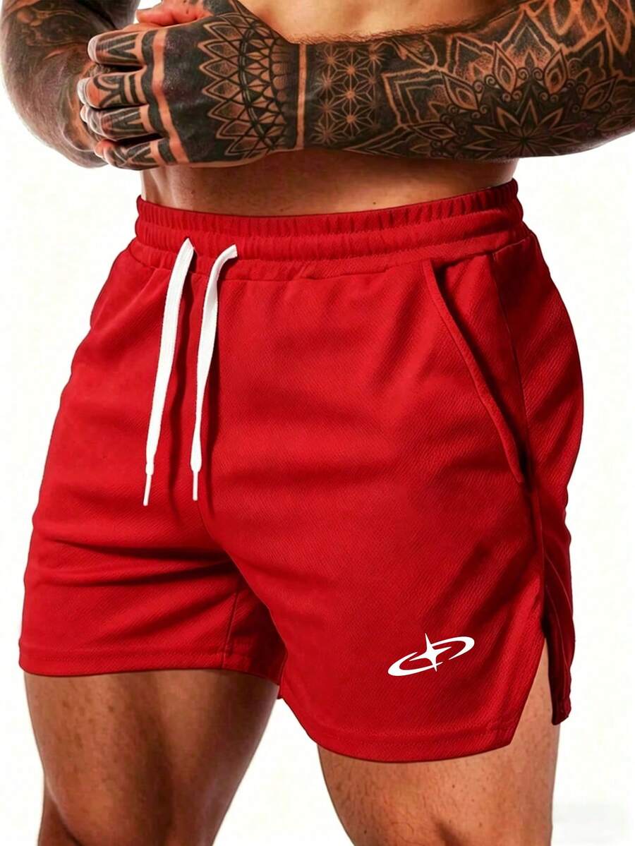 GymBeat Men's Geometric Print Drawstring Waist Casual Sports Shorts - Red - View 1