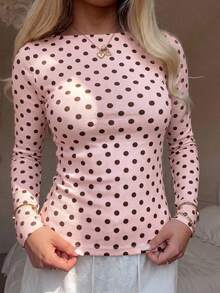 CovetEZ Casual Minimalist Sexy Pink Base Brown Polka Dot Long Sleeve T-Shirt, Suitable For Autumn/Winter Season, Pink Base Brown Polka Dot Makes You Look Fairer - Multicolor - View 6