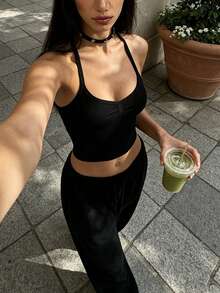 Dewbera Dewbera Women's Solid Color Casual Athleisure Athleisure Athletic Modest Daily Wear Sports Halter Neck T-Shirt Gym Workout Black Summer Gym Workout - Black - View 8