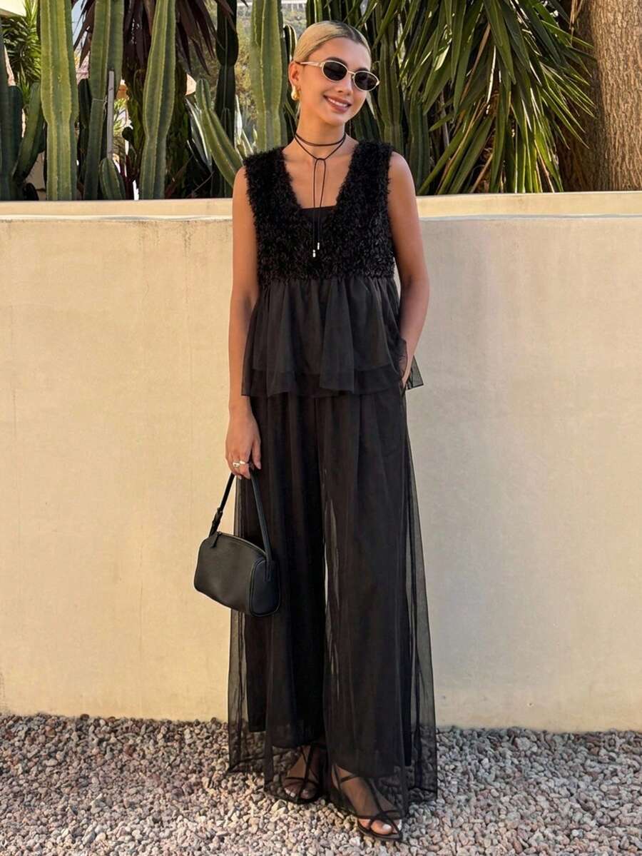 FRIFUL Women's Summer Spring Solid Color Fuzzy Textured Fabric Patchwork Sheer Mesh Pleated Loose Casual Versatile Sleeveless 2-Piece Set - Black - View 1
