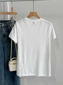 SHEIN BASICS 運動純色圓領短袖T恤夏季女款短版上衣女上衣白色上衣 - 白色 - 查看 2
