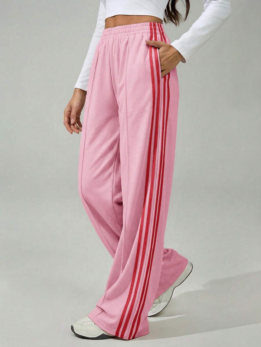 SHEIN Tall 女款彈性腰側條紋寬腿寬鬆休閒運動長褲,返校季,高個女性適用 - 粉色 - 查看 1