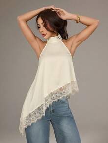 SHEIN PETITE 優雅奶油色不對稱高領掛脖上衣，蕾絲飾邊，無袖夏季襯衫，適合晚宴、雞尾酒會、約會之夜與婚禮賓客，適合嬌小女性 - 杏色 - 查看 3