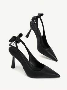 CUCCOO CHICEST 女款黑色後蝴蝶結尖頭細高跟slingback高跟鞋，優雅晚宴約會鞋 - 黑色皮 - 查看 4
