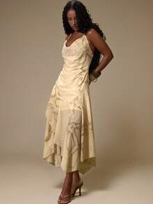 MUSERA Cream Mesh Cowl Hanky Hem Asymmetric Drape Midi Dress - Multicolor - View 3