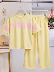 SHEIN Sparklyn Casuvi 小女孩服飾 2件套，蝴蝶結裝飾，側邊設計，可愛，聖誕節，返校季 - 黃色 - 查看 5