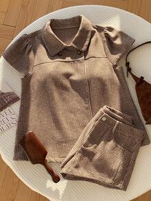 Comfortcana Women's Houndstooth Short Sleeve Top Autumn Back To School Going Out Top Y2K Tops Work Top - Brown - View 7