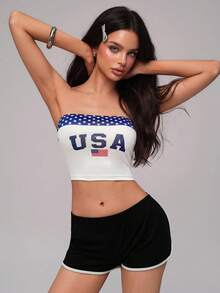 Nooralise Sexy Streetwear Y2K Hot Girl Sporty Colorblock Star Letter Print Bandeau Top Everyday Travel Day Party Blue And White Striped Summer - Multicolor - View 4