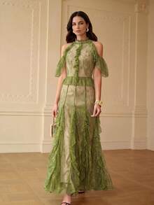 ZEYLAH Spring/Summer Lace Patchwork Ruffle Off-Shoulder Dress - Green - View 3