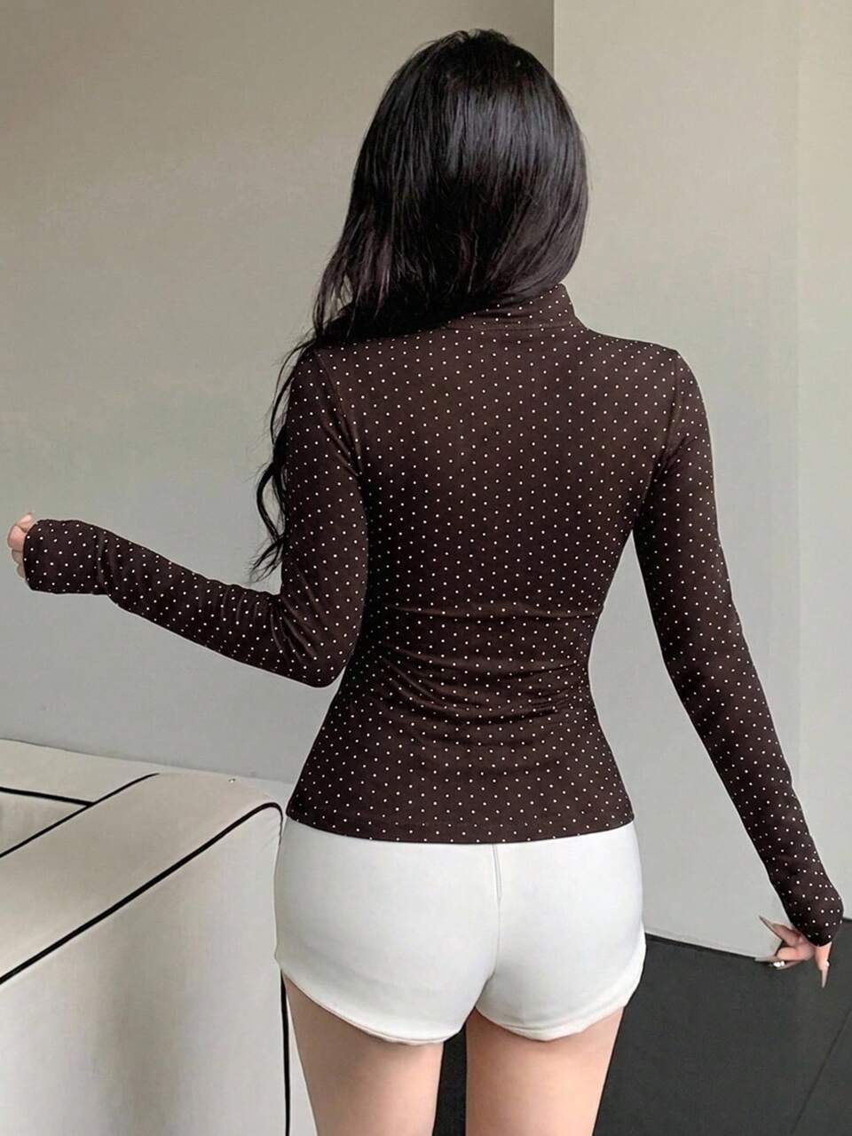 Stand Collar Long Sleeve Zipper Coffee Brown Polka Dot Print Slim Fit Waist Cropped Sports Jacket