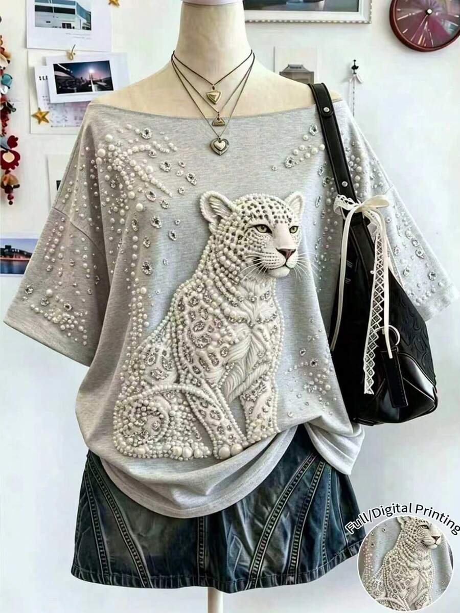 Lalippa 女款人造珍珠裝飾動物圖案時尚夏季T恤 - 彩色 - 查看 1
