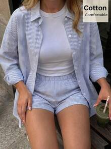 Siren Gaze 女款時尚直條紋襯衫短褲套裝 通勤簡約辦公室老錢風 純棉冬季休閒藍色春季優雅 - 藍色 - 查看 4