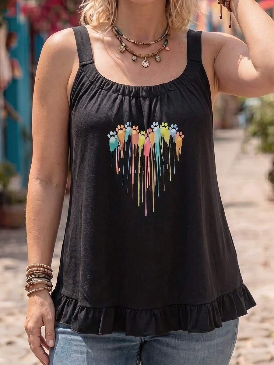 Ceyna 大尺碼女款法式休閒優雅圖案印花細肩帶背心上衣 - 黑色 - 查看 1