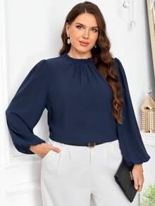 Miaspire Plus Size Women's Fall Casual Elegant Commute Solid Color Navy Blue Pleated Long Sleeve Blouse Shirt Top,Autumn,Back To School,Formal,Office,Vacation - Navy Blue - View 9