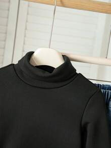 SHEIN 女童羅紋針織高領開學季軟綿長袖套頭冬季上衣 - 黑色 - 查看 5