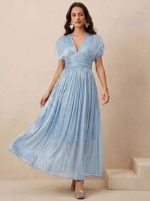 Anewsta Women's New Spring/Summer Elegant Shiny Noble V-Neck Pleated Shoulder Strap Waist-Flattering Dress For Party, Holiday, Gathering - Blue - View 3