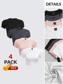 SHEIN BASICS 4件組休閒素色針織圓領短袖貼身短版女款T恤夏季上衣 - 淺粉色 - 查看 4