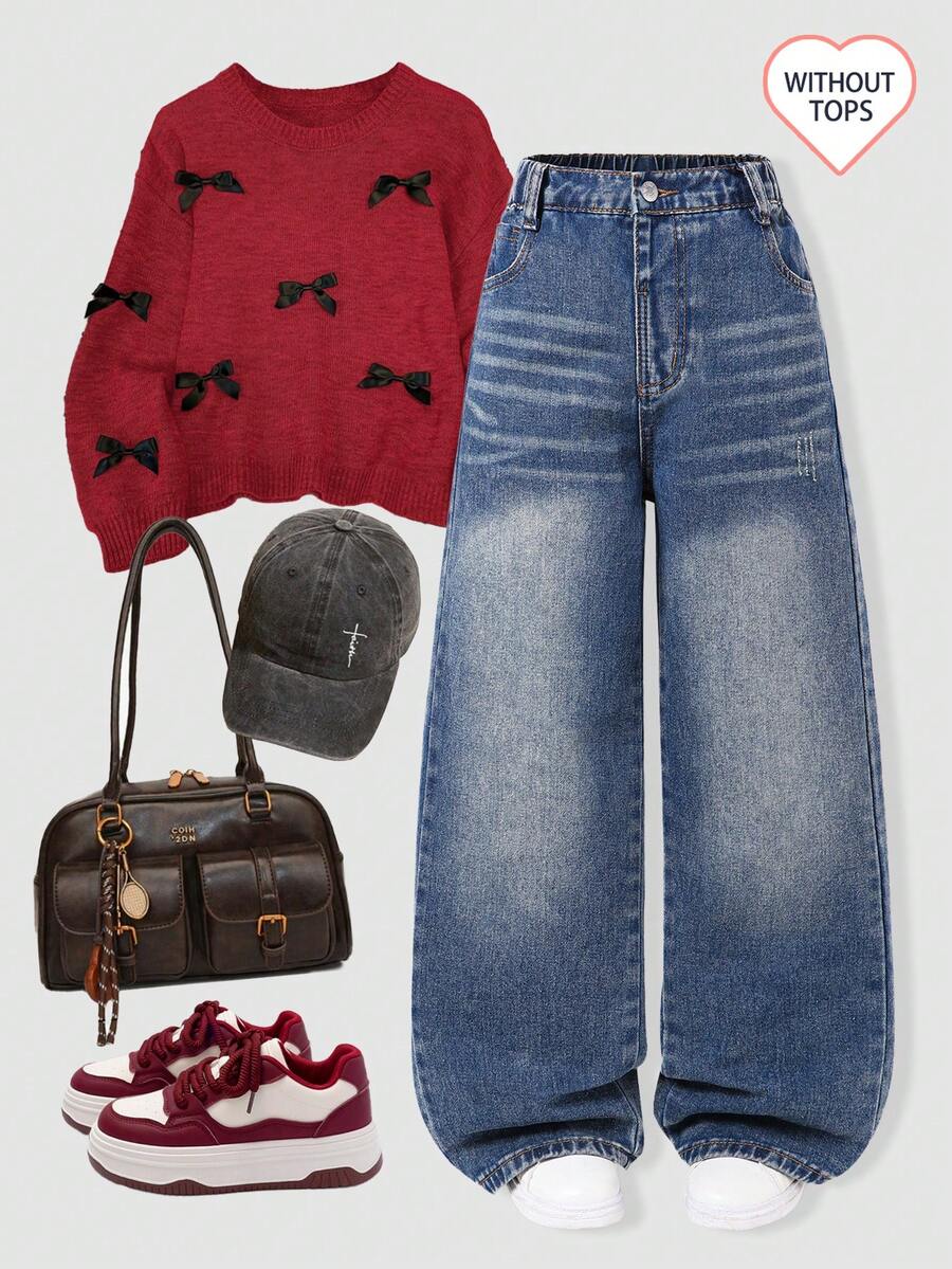 Girls' 26 New Casual Denim Jeans, All-Season Light Blue Vintage Washed Fashion Versatile Long Pants - Dark Wash - View 1