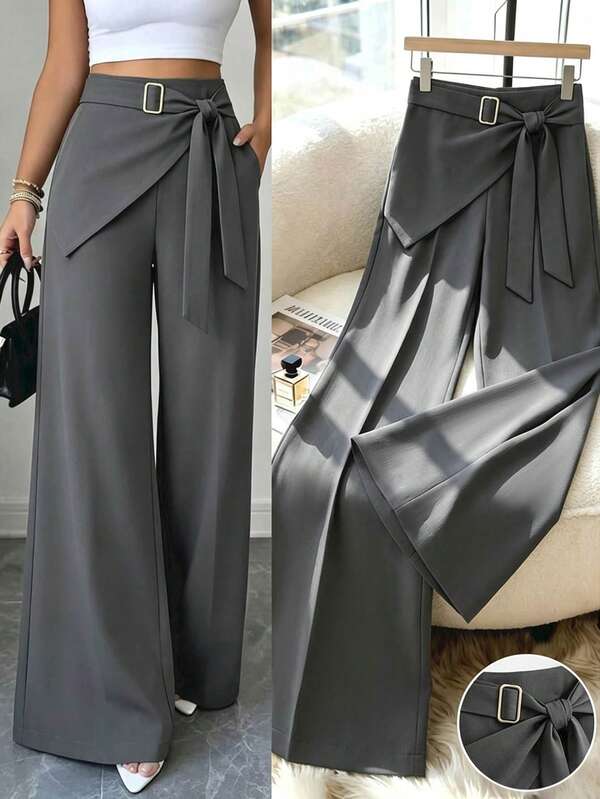 GlowEve Women's Solid Color Metal Decor Casual Versatile Daily Wear Suit Pants