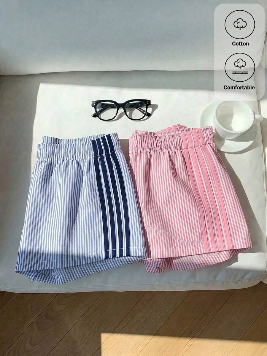 SHEIN Tween女孩休閒80年代90年代街頭風運動圓領無袖海軍藍粉色條紋背心與短褲2件套 夏季返校穿搭 - 粉色 - 查看 1