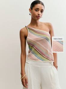 Nöista Asymmetric One-Shoulder Knit Top With Diagonal Multicolor Stripe Pattern. Summer, Spring, Festival - Multicolor - View 1
