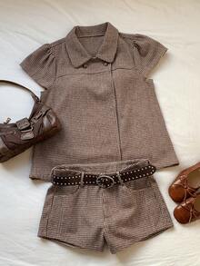 Comfortcana Women's Houndstooth Short Sleeve Top Autumn Back To School Going Out Top Y2K Tops Work Top - Brown - View 1