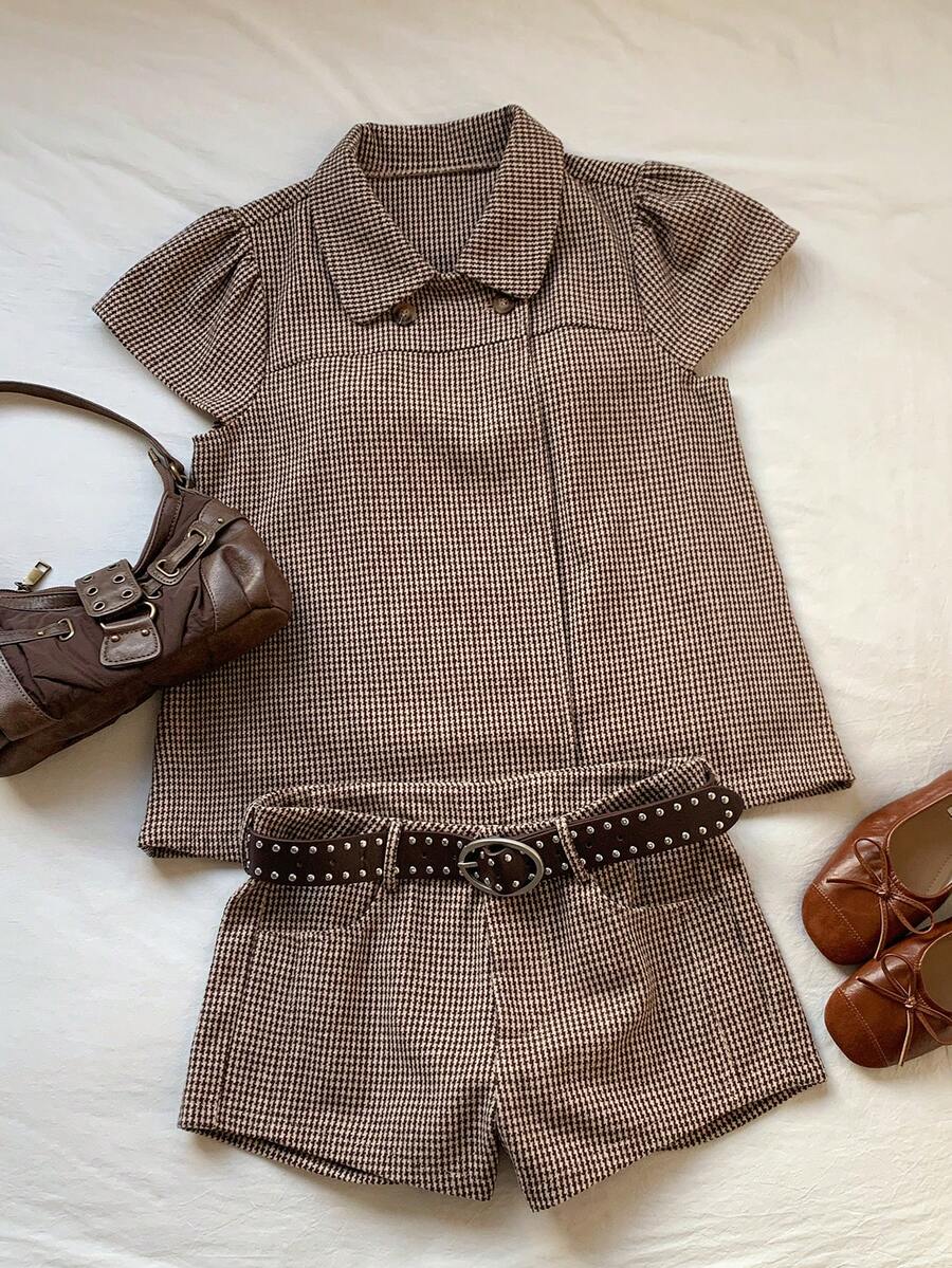 Comfortcana Women's Houndstooth Short Sleeve Top Autumn Back To School Going Out Top Y2K Tops Work Top - Brown - View 1