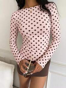 CovetEZ Casual Minimalist Sexy Pink Base Brown Polka Dot Long Sleeve T-Shirt, Suitable For Autumn/Winter Season, Pink Base Brown Polka Dot Makes You Look Fairer - Multicolor - View 5