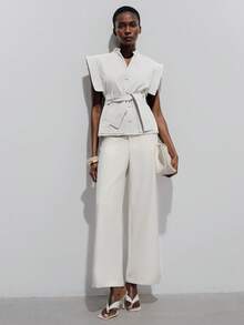 Aveloria Modichic European & American Style Spring/Summer New Fashion Versatile Solid Color Flutter Sleeve V-Neck Tie Waist Sleeveless Blouse - White - View 6