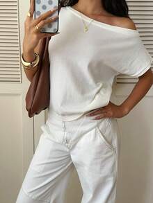Sunnyshic Women's Spring/Summer Young Casual Off-Shoulder Off-The-Shoulder Knit Short Sleeve Top - Beige - View 3