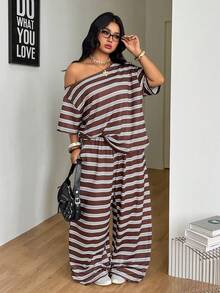 Coolane 女款大尺碼秋季休閒街頭風度假棕色條紋露肩T恤與寬腿運動褲兩件套穿搭 - 摩卡棕 - 查看 6