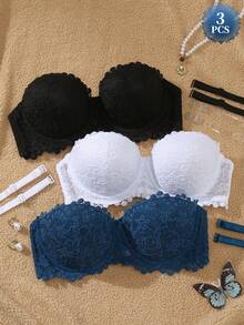 DesireSculpt Women's Underwire Sexy Lace Push-Up Bra 3pcs Set - Multicolor - View 1