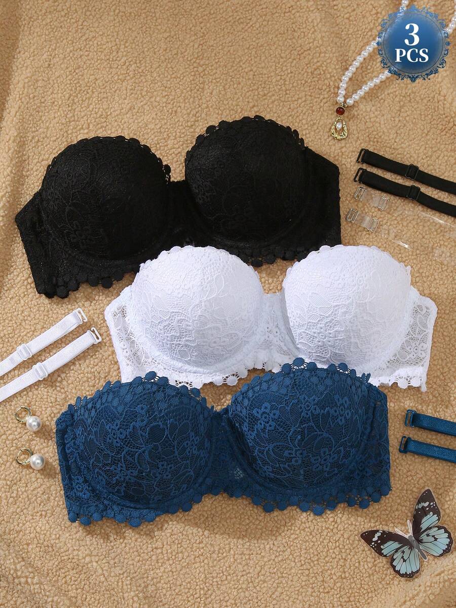 DesireSculpt Women's Underwire Sexy Lace Push-Up Bra 3pcs Set - Multicolor - View 1