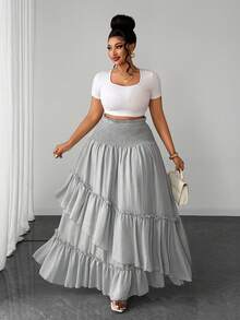Maweii Plus Size Women's Solid Color Shirred Waist Ruffle Hem Skirt For Vacation Fall - Light Grey - View 1