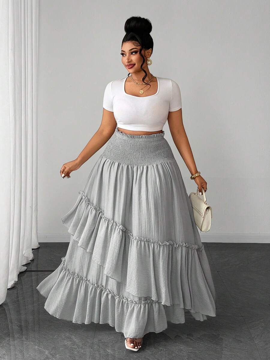 Maweii Plus Size Women's Solid Color Shirred Waist Ruffle Hem Skirt For Vacation Fall - Light Grey - View 1
