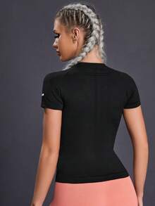 Powerista Camiseta deportiva transpirable con gráfico de letras, ajustada, de compresión, para mujer, para gimnasio, entrenamiento, fitness, salir y correr, sin costuras - Negro - Ver 3
