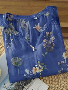 Linhara Vintage V-Neck Lantern Sleeve Loose Casual Plus Size Women Blouse - Navy Blue - View 5