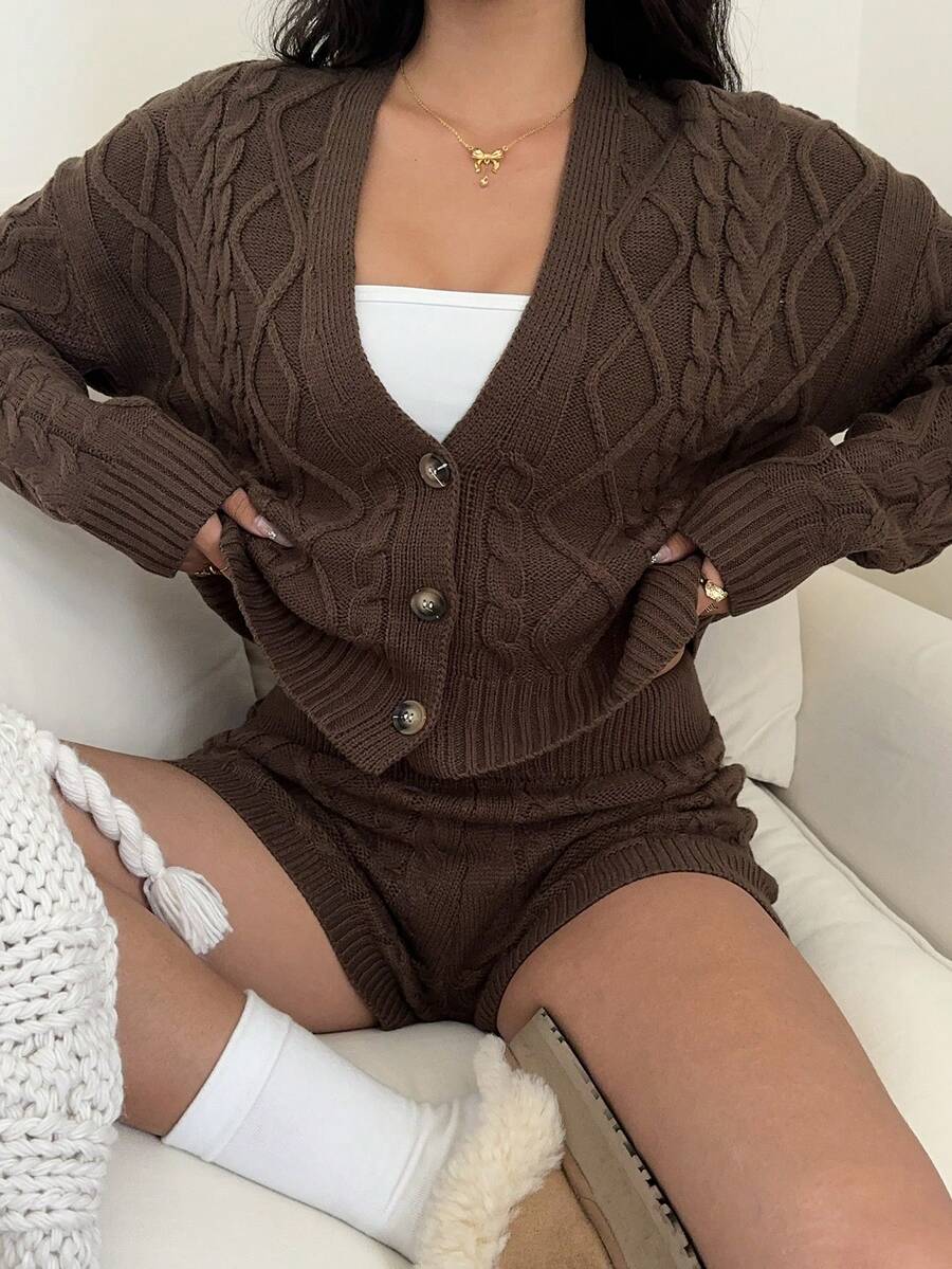 Autumina Vintage Casual Argyle Knit Dark Brown Sweater 2 Pieces Set Brunch Autumn - Coffee Brown - View 1