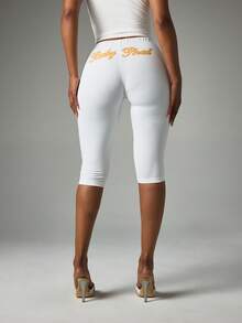 BABYPHAT Script Logo Capri Leggings High Rise Fitted Cropped Leg Casual Everyday Style - White - View 4