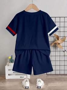 Young Boy Casual Minimalist T-Shirt Set, Classic Striped Pattern Print, Classic Text "King" Pattern Print, Suitable For Spring And Summer - Multicolor - View 4